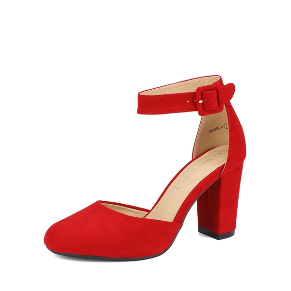 Round Toe Chunky Heel Pumps - RED SUEDE -  0